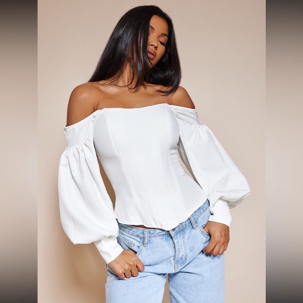 NWT - WHITE BARDOT BALLOON SLEEVE CORSET TOP